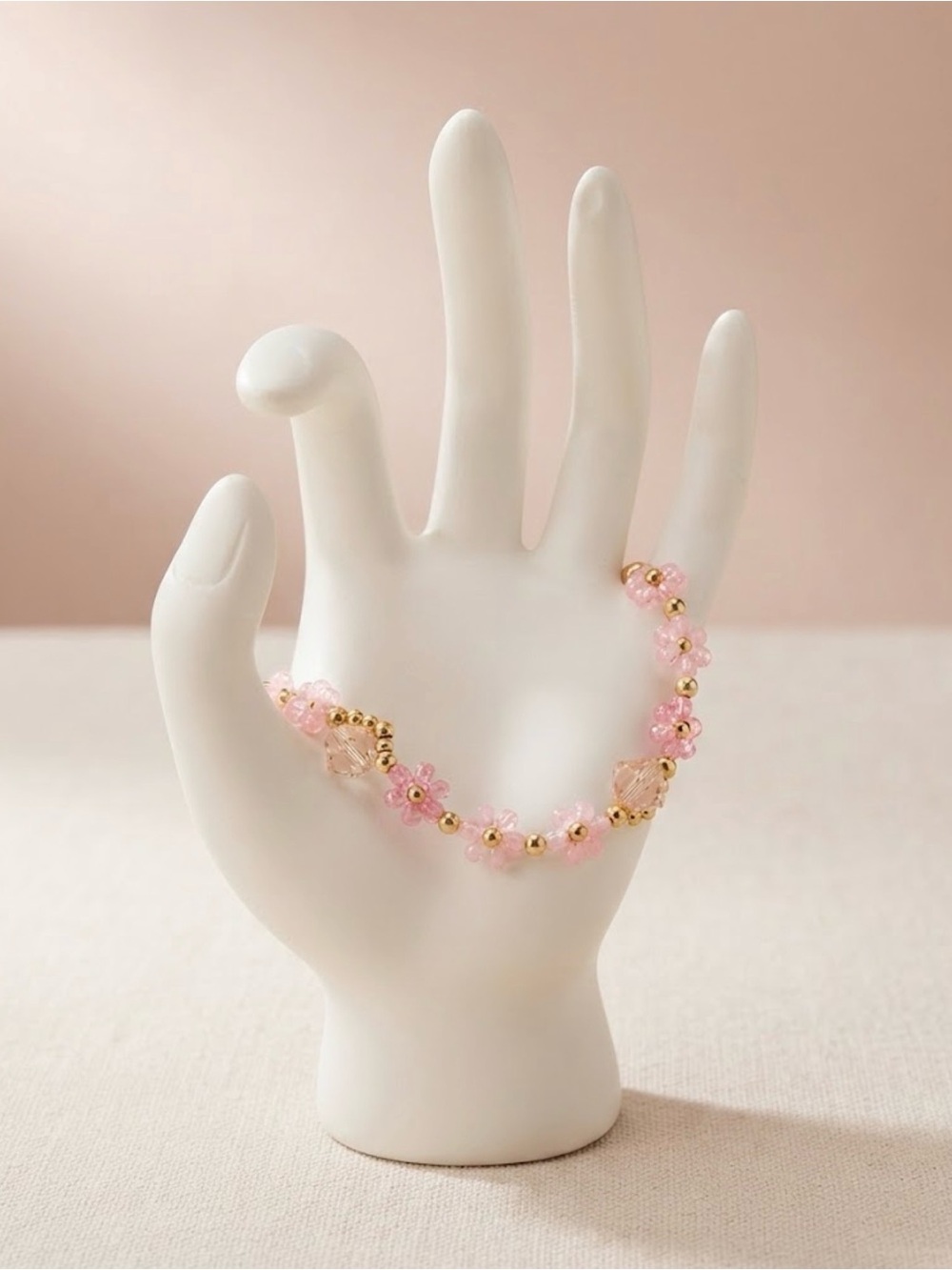 Pink Floral Bead Bracelet with Gold Accents